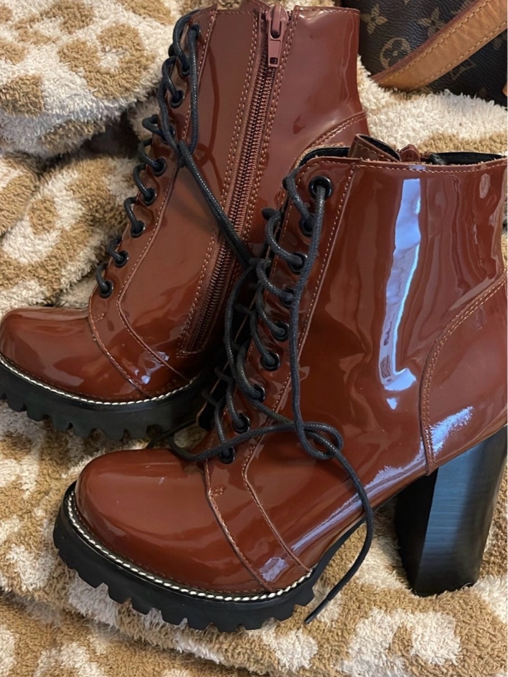Jeffrey Campbell Brown Patent Lace-Up Platform Ankle Boots